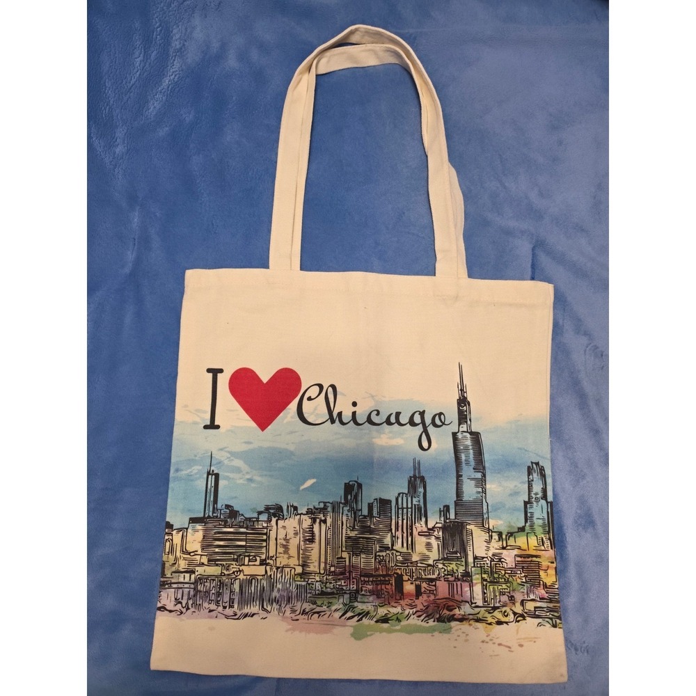 I Love Chicago Skyline Canvas Tote Bag Souvenir Reusable Shopper Cream Graphic